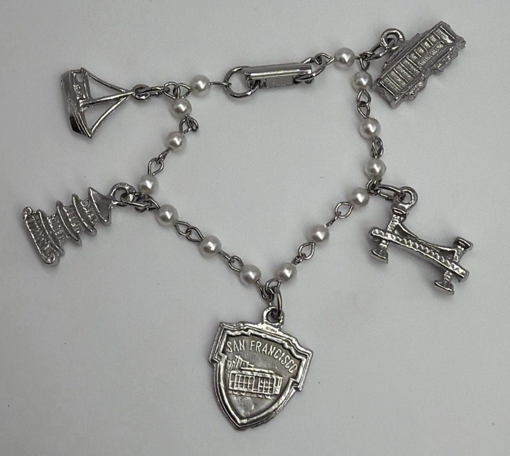 Travel Charm Bracelet San Francisco Silver Tone Shield Trolley Bridge 6"